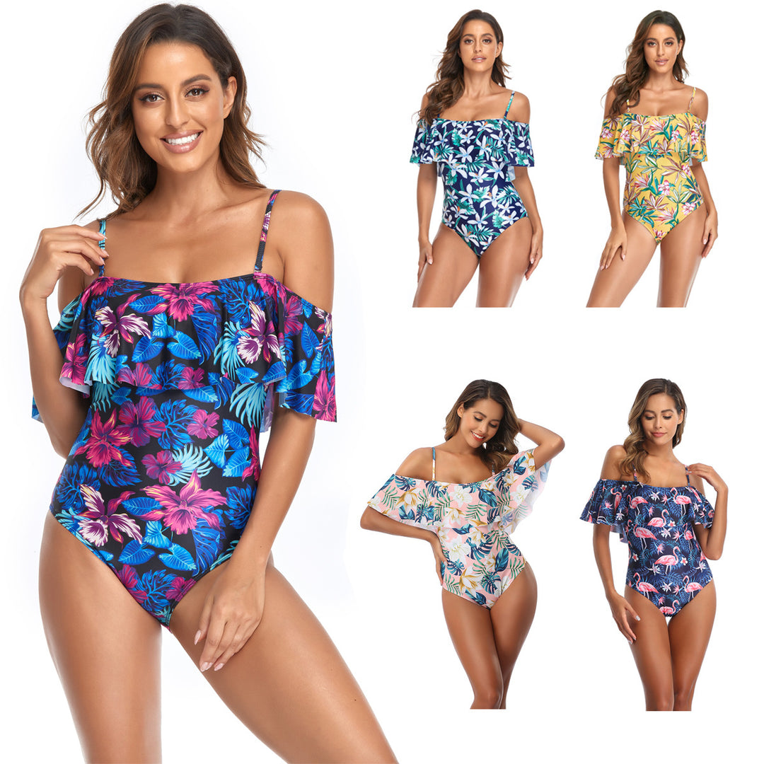 Damen Einteiliger Badeanzug mit Rüschendetails und floralem Muster Drune