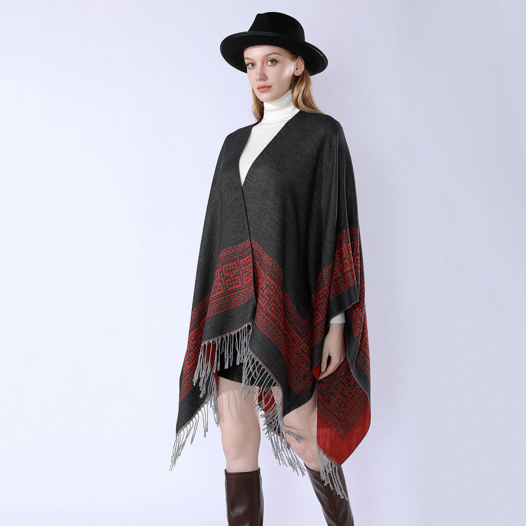 Damen Reversibler Wollmix‑Überwurf im Kimono‑Fall mit ornamentaler Bordüre und Zierfransen Drune