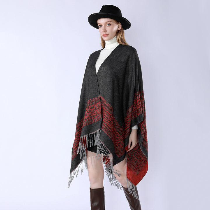 Damen Reversibler Wollmix‑Überwurf im Kimono‑Fall mit ornamentaler Bordüre und Zierfransen Drune