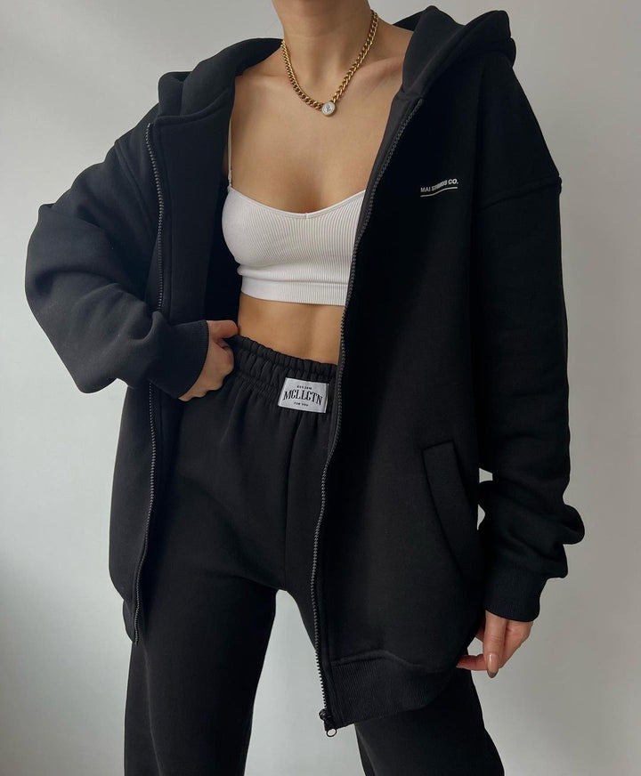 Damen lässiger und bequemer Kapuzenpullover mit Reißverschluss und Jogginghose-Set Drune
