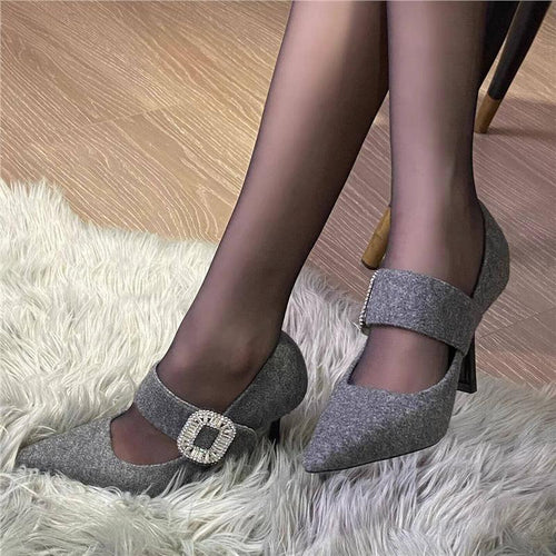 Damen Elegante spitz zulaufende Mary-Jane-Pumps mit Wollfilz-Optik, schmalem Stiletto und Kristall-Schnalle Drune