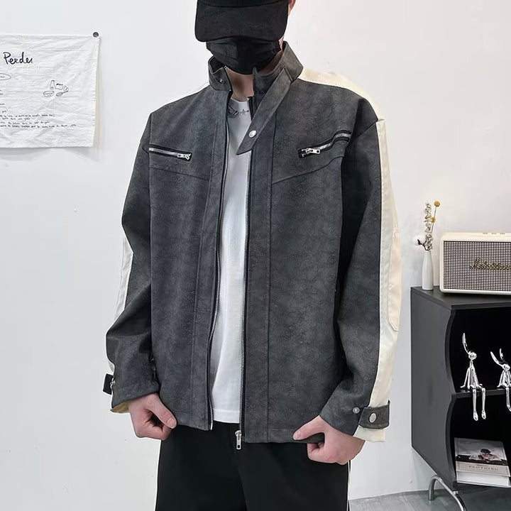 Herren Kontrastärmeliges Oversized Kunstleder-Utility-Jacke mit Stehkragen Drune