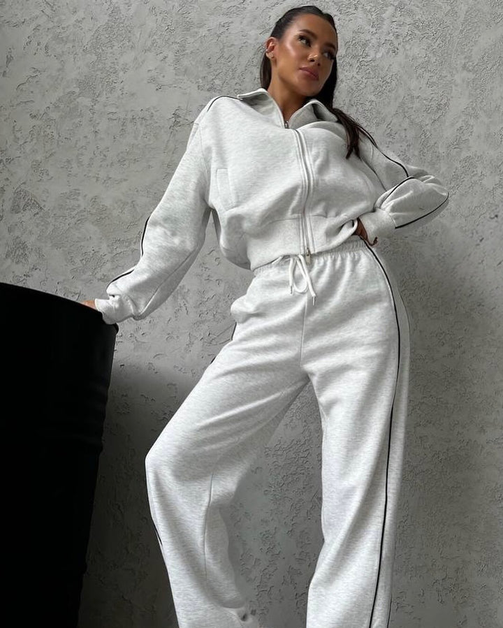 Damen lässiges Sweatset mit Stehkragen Reißverschluss gekürzter Jacke und hochtaillierter Schlaghose Drune