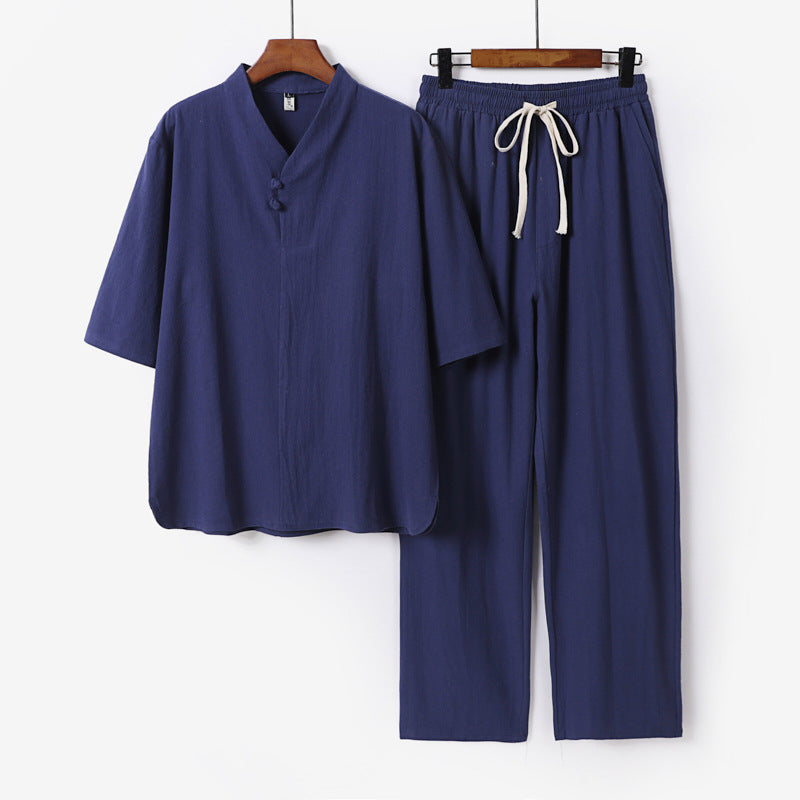 Herren Zweiteiliges Leichtes Loungewear-Set mit Stehkragen-Halbarmshirt und Kordelbund-Hose Drune