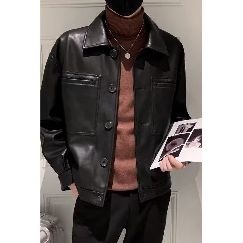 Herren Boxy Overshirt aus Lederoptik mit Hemdkragen und aufgesetzten Brusttaschen Drune