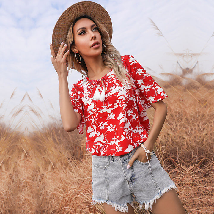 Damen Bluse mit floralem Muster und elegantem V-Ausschnitt Drune