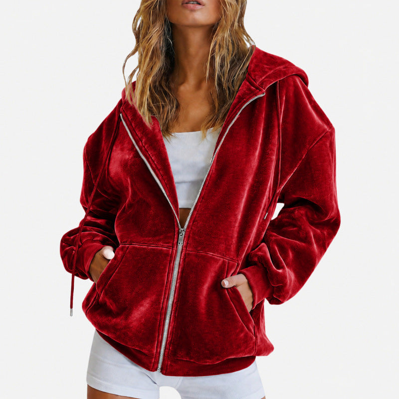 Damen Oversize Velours-Kapuzenjacke mit Reißverschluss Drune