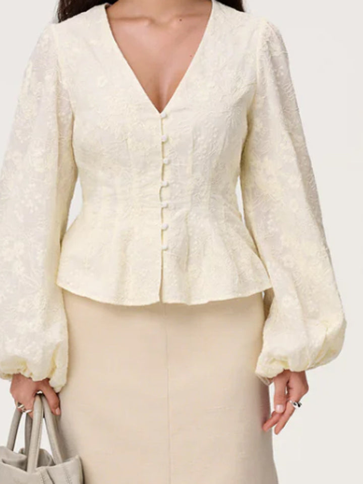 Damen Jacquard-Spitzenbluse mit tailliertem Schößchen und Ballonärmeln Drune
