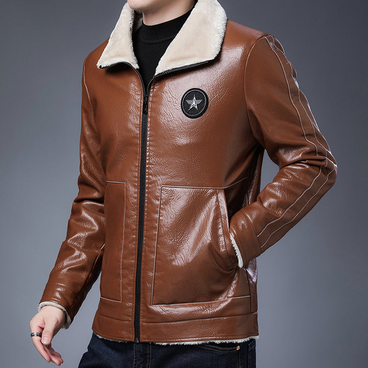 Herren Kunstleder‑Fliegerjacke mit durchgehendem Teddyfutter und Stehkragen Drune