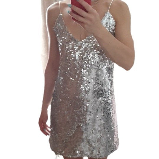 Damen Glitzerndes Minikleid mit raffiniertem V-Ausschnitt und verstellbaren Spaghettiträgern Drune