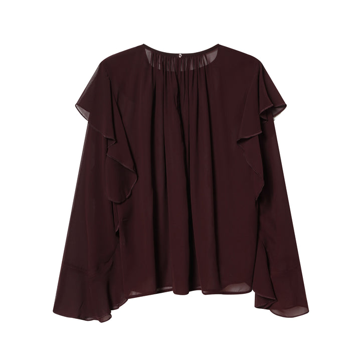 Damen nan voluminöse Chiffonbluse mit mehrlagigen Volants, gerafftem Ausschnitt und lockerem Fall Drune