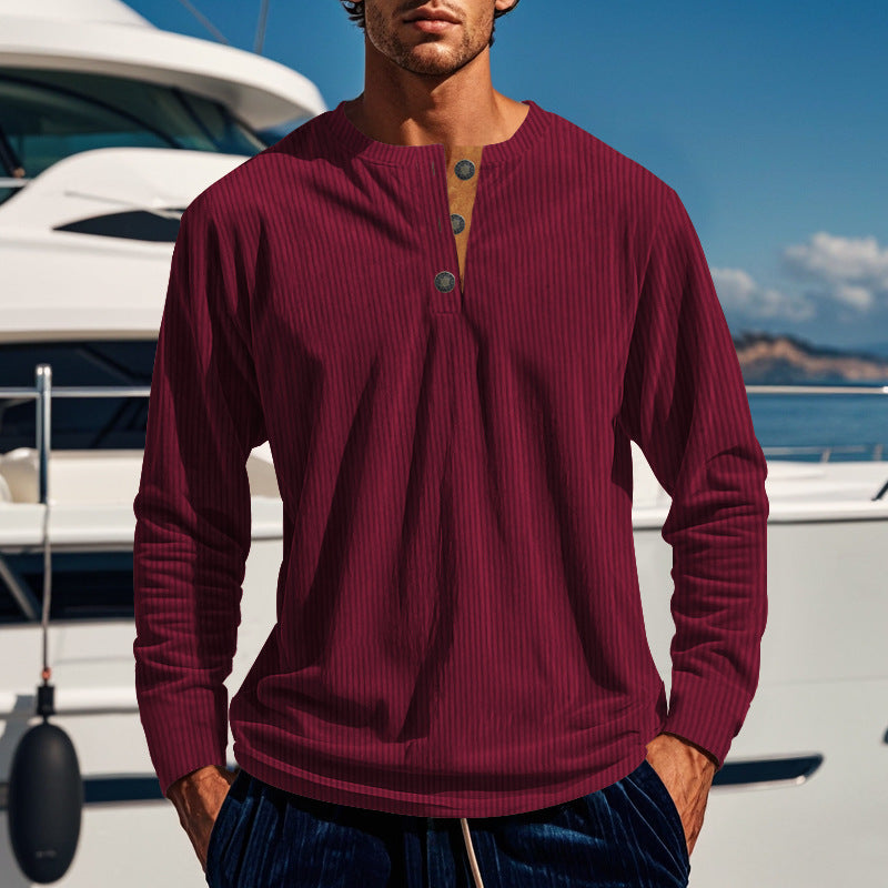 Herren nan gerippter Langarm-Henleypullover mit kurzem Stehkragen und dekorativer Knopfleiste Drune