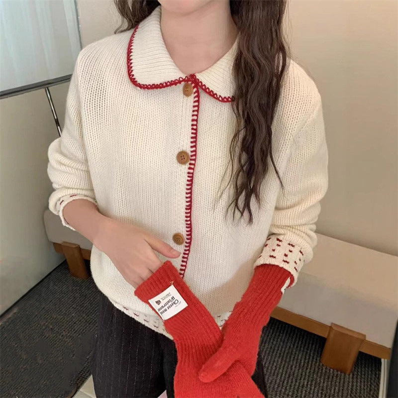 Damen modische Strickjacke mit großen Knopfdetails und kontrastierendem Design Drune