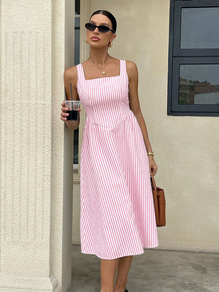 Damen Midikleid mit quadratischem Ausschnitt, breiten Trägern und tailliertem A-Linien Schnitt Drune
