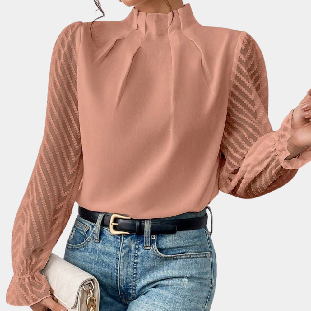 Damen Elegante Chiffonbluse mit Stehkragen, Faltenkante und transparenten Jacquard-Ärmeln Drune