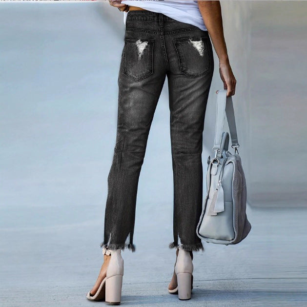 Damen Cropped Destroyed-Jeans mit hohem Bund, geradem Bein & rohem Fransen-Saum Drune