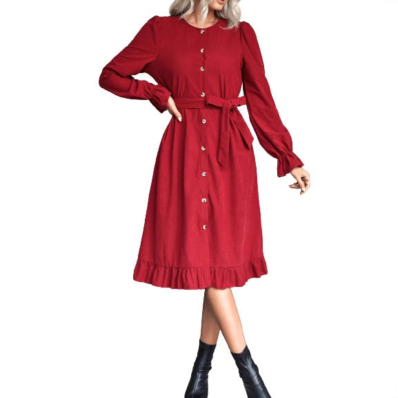 Damen langärmliges Wickelkleid mit Knopfdetails und taillierter Silhouette Drune
