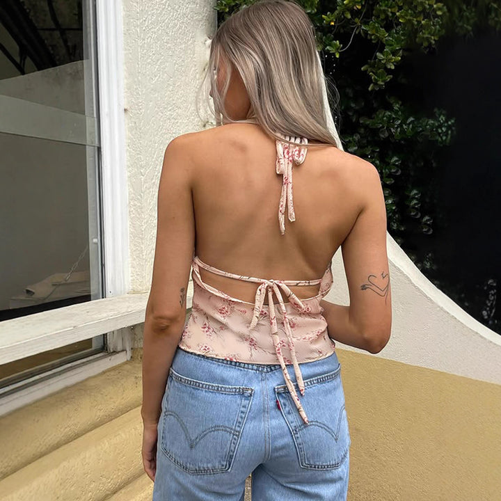 Damen Haltertop mit floralem Design und tiefem V-Ausschnitt Drune