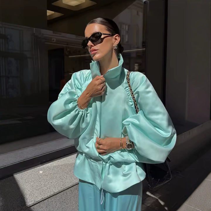 Damen Voluminöse Cropped‑Blousonjacke mit Puffärmeln, Tunnelzugtaillierung und Stehkragen Drune