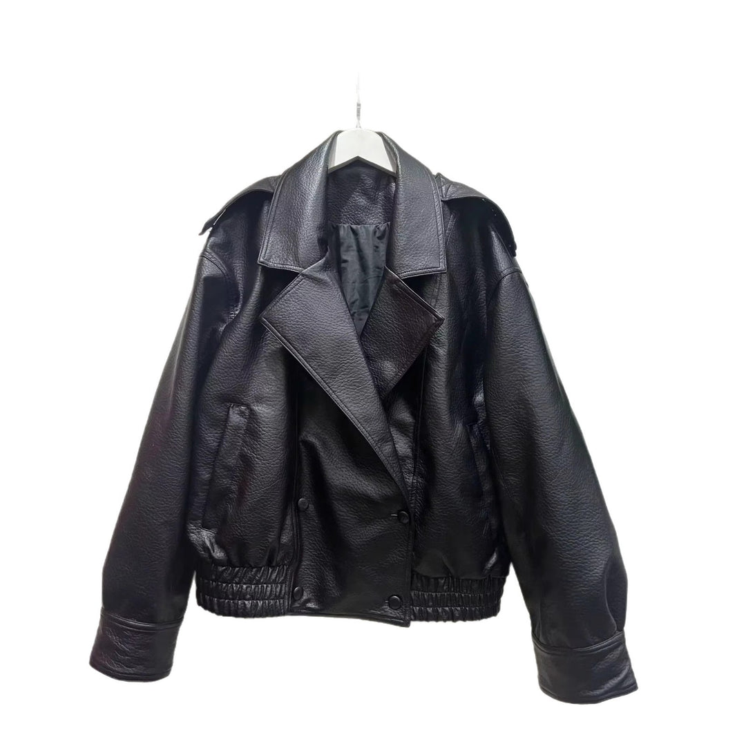 Damen nan cropped zweireihiger Kunstleder-Blouson mit breitem Revers und elastischem Saum Drune