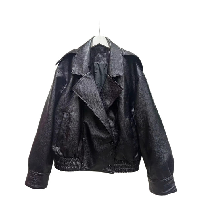 Damen nan cropped zweireihiger Kunstleder-Blouson mit breitem Revers und elastischem Saum Drune