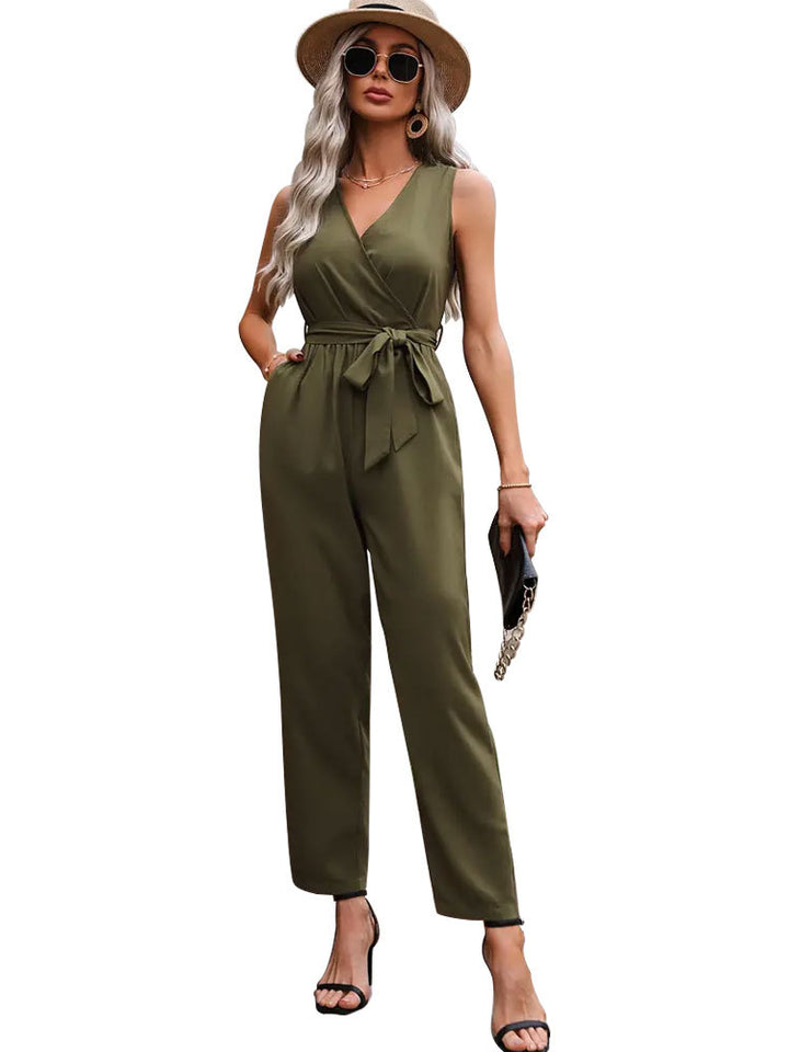 Damen eleganter Wickel-Jumpsuit mit Taillengürtel Drune