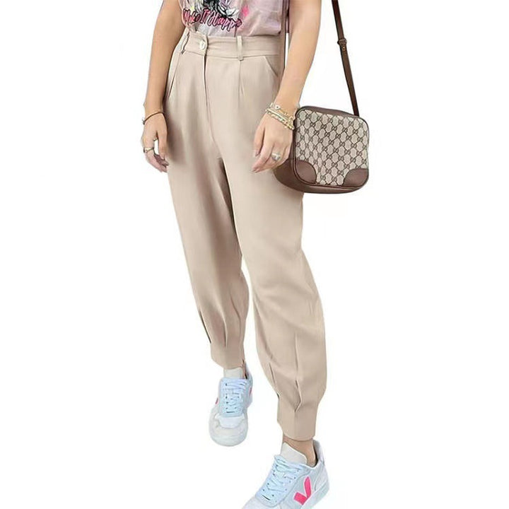 Damen elegante und modische High-Waist Hose mit Falten und seitlichen Taschen Drune