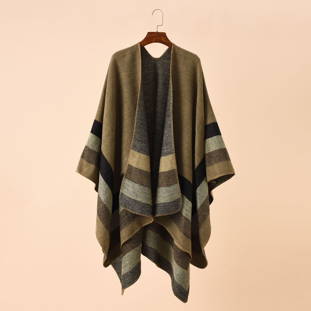 Damen Wolloptik-Poncho mit asymmetrischen Blockstreifen und Zierstichkante Drune
