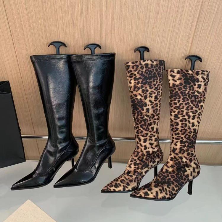 Damen elegante Overknee-Stiefel aus hochwertigem Leder mit spitzem Absatz Drune