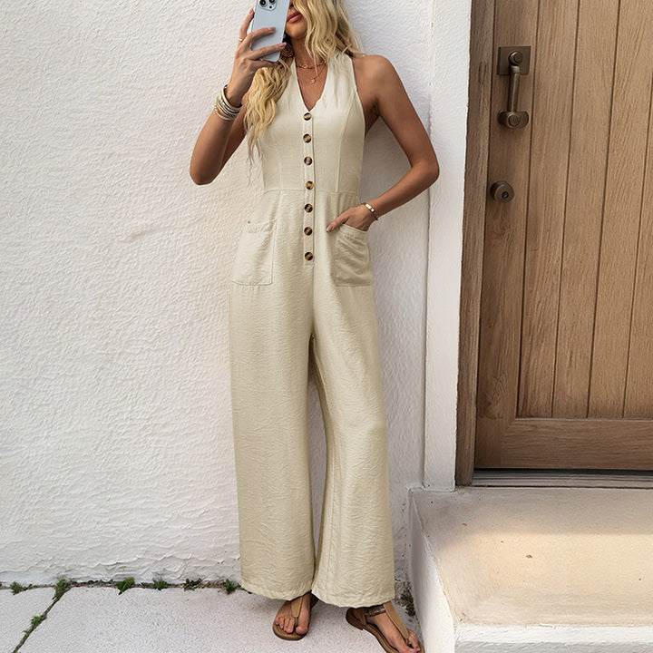 Damen Ärmelloser Leinenoptik Jumpsuit mit V-Ausschnitt, Knopfleiste und weitem Bein Drune