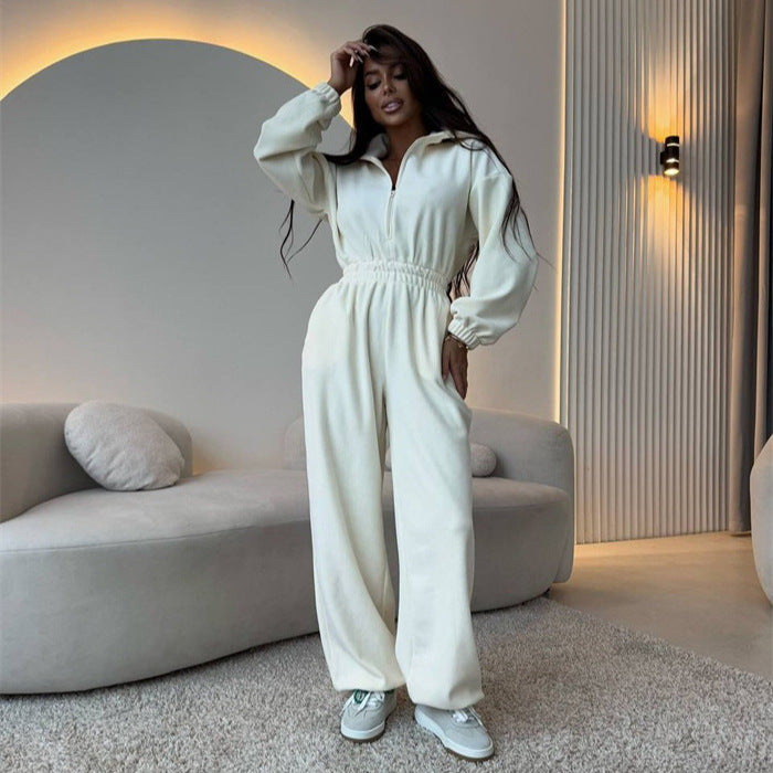 Damen Oversized Loungewear-Jumpsuit mit halbem Reißverschluss und elastischer Taillenraffung Drune