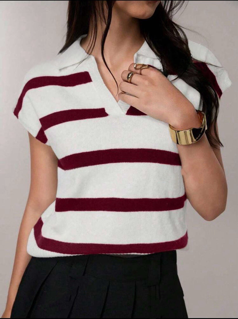 Damen Gestreiftes Kurzarm-Stricktop mit V-Kragen und überschnittener Schulter Drune