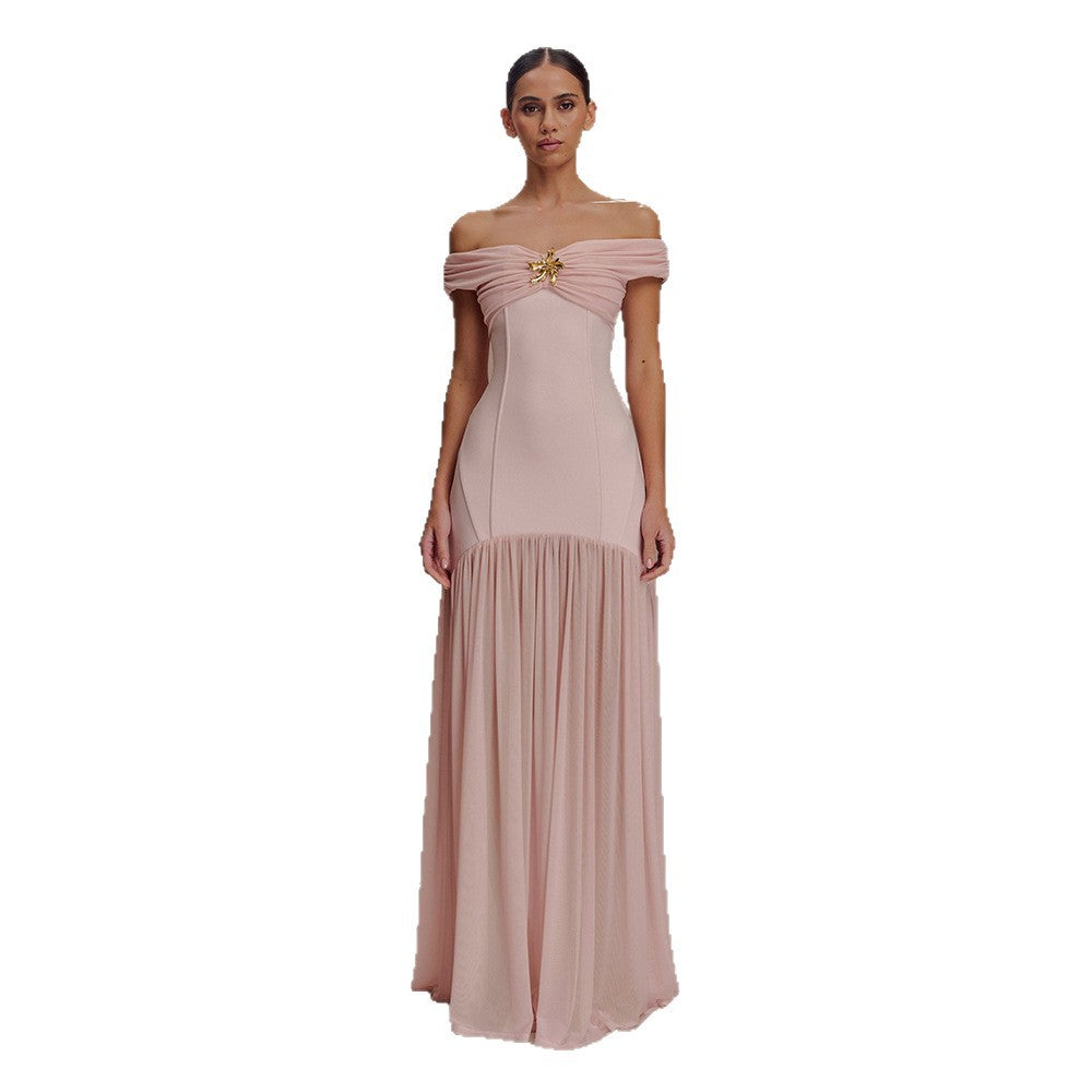 Damen Elegantes Maxikleid mit schulterfreiem Design und verführerischem Drapierungselement Drune