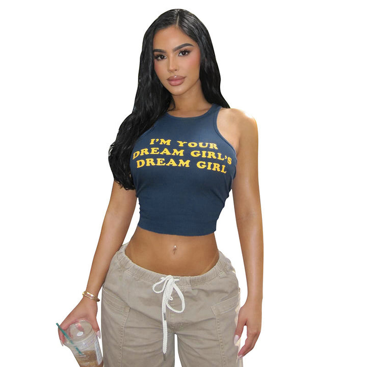 Damen Crop-Top mit kreativem Schriftzug und figurbetontem Schnitt Drune