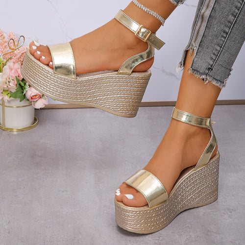Damen Hochhackige Plateau-Sandalen mit verstellbarem Riemen und glanzvollem Finish Drune