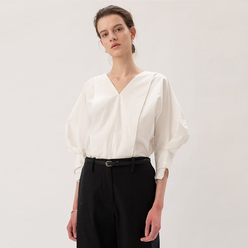 Damen modische Bluse mit voluminösen Ärmeln und v-förmigem Ausschnitt Drune