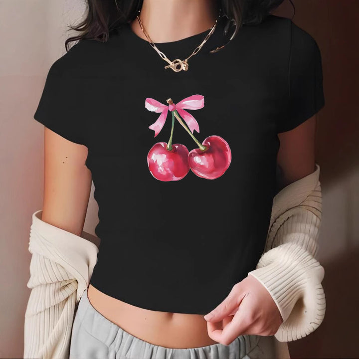 Damen Crop-T-Shirt mit fröhlichem Kirschmotiv Drune