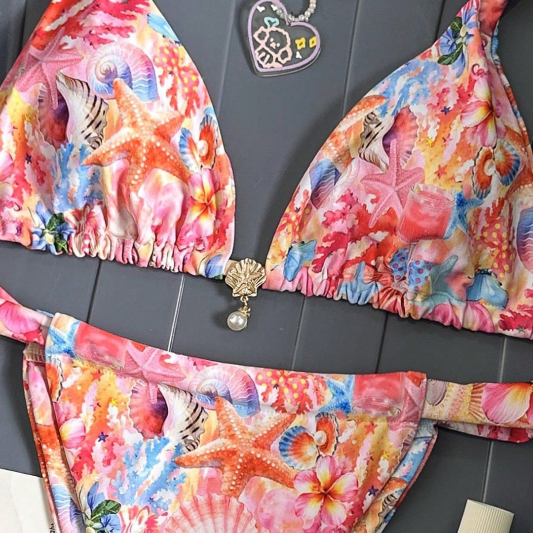 Damen Floral-Design Triangel-Bikini mit verstellbaren Trägern Drune