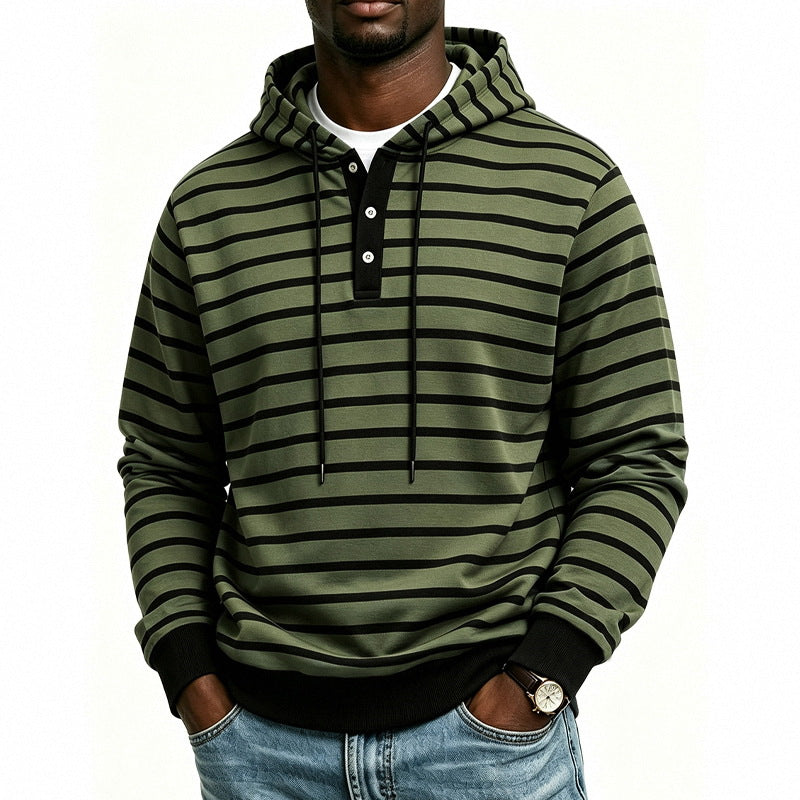 Herren Kapuzenpullover mit Henley-Knopfleiste und feinem Streifenstrukturmuster Drune