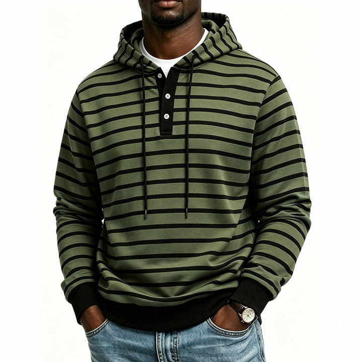 Herren Kapuzenpullover mit Henley-Knopfleiste und feinem Streifenstrukturmuster Drune