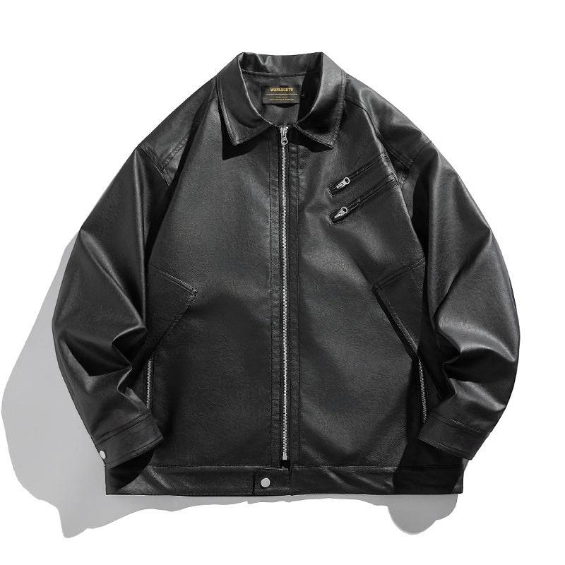 Unisex Boxy Kunstleder-Blousonjacke mit Hemdkragen, diagonalem Brustreißverschluss und Druckknopf-Saum Drune