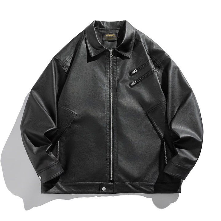 Unisex Boxy Kunstleder-Blousonjacke mit Hemdkragen, diagonalem Brustreißverschluss und Druckknopf-Saum Drune