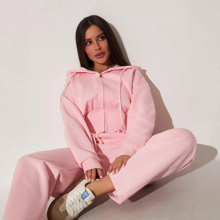 Damen kurzes Kapuzen-Zipshirt mit tailliertem Tunnelzug und weit geschnittene High-Waist-Loungehose Drune