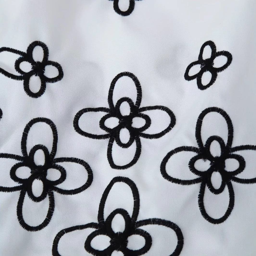 Damen nan bestickte Chiffon-Bluse mit floralem Saum, Volumenärmeln und Hemdkragen Drune