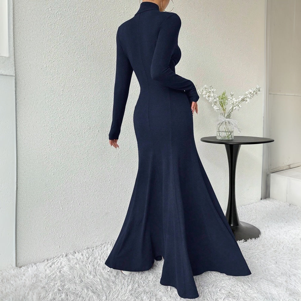 Damen figurbetontes Rollkragen-Maxikleid mit Meerjungfrauen-Silhouette, langen Ärmeln und formendem Stretch-Jersey Drune