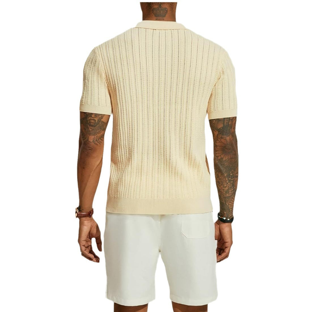 Herren Kurzarm Strickhemd mit feiner Lochstruktur und klassischem Kragen Drune
