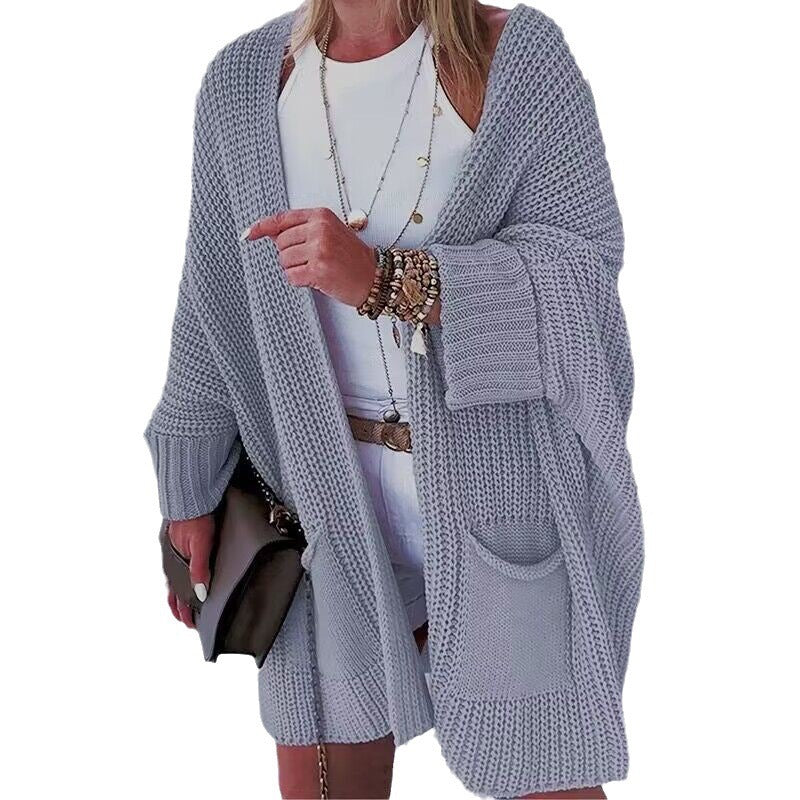 Damen Oversize Grobstrick-Cardigan mit weitem Schalkragen und aufgesetzten Taschen Drune