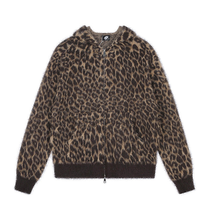 Damen Kuschel-Strickjacke mit Reißverschluss und Leopardenjacquard Drune