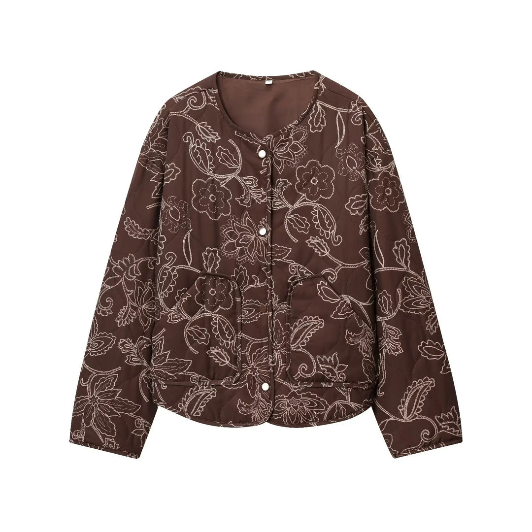 Damen nan gesteppte Kurzjacke mit floralem Steppmuster, Druckknopffront und Taillenzug Drune