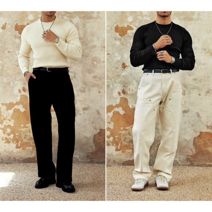 Herren Figurbetonter Rippstrick-Pullover mit Rundhalsausschnitt Drune